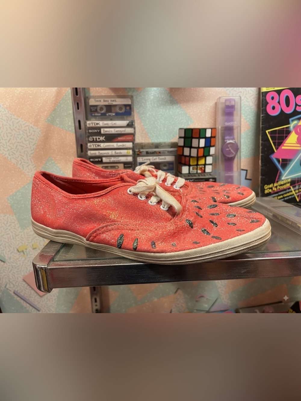 Coasters Vintage Watermelon Glitter Canvas Sneakers Women's Size 9 Funky Shoes